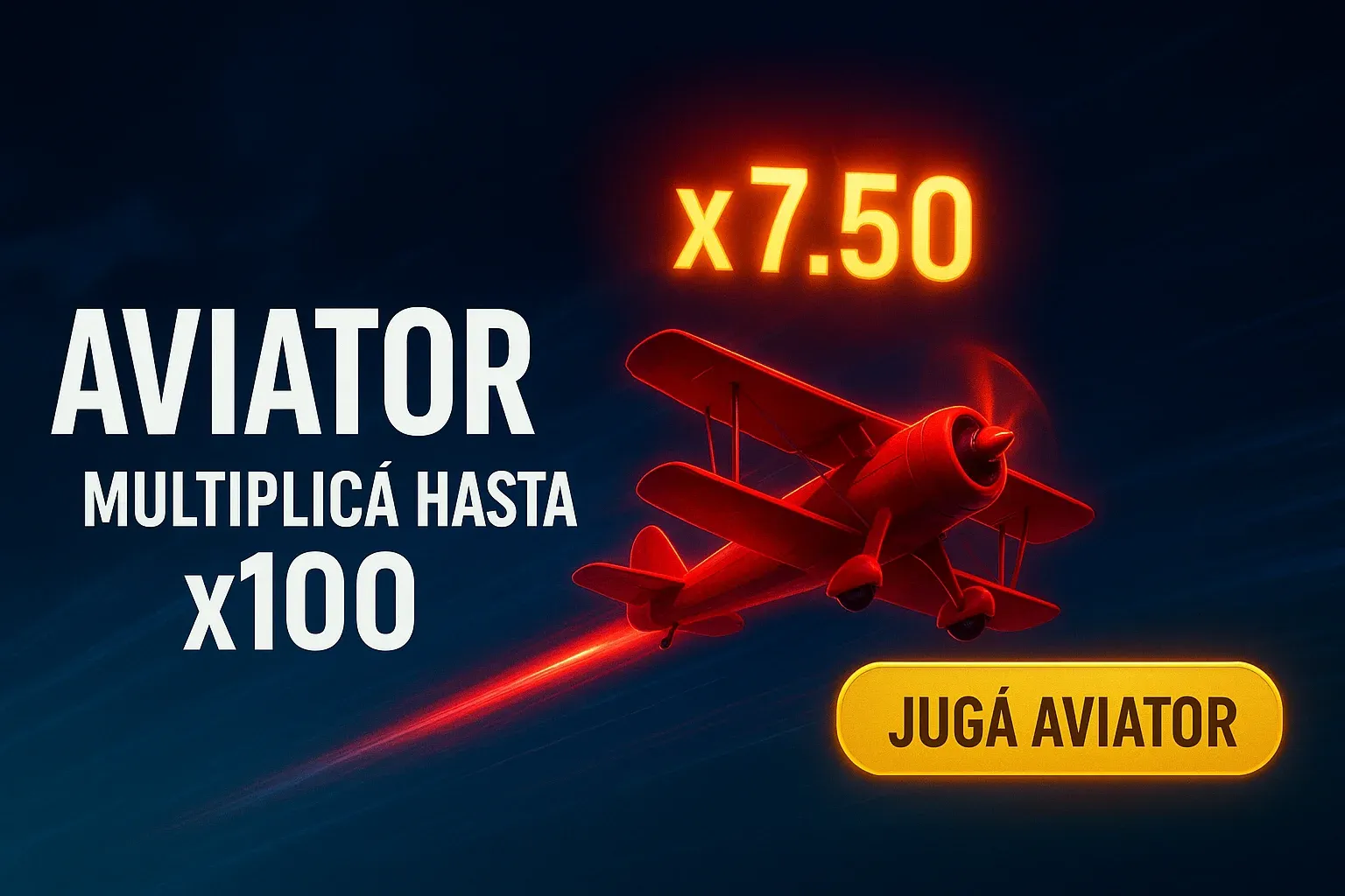 Banner de casino Aviator con avión rojo y multiplicador x7.50 brillante
